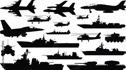 Silhouette illustration of military vehicles and aircraft including fighter jets, helicopters, tanks, and naval warships, symbolizing defense, combat, army equipment, and warfare design concept
