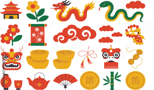 Flat Lunar New Year Vector Icon Set with Chinese Dragon, Lanterns, Pagodas, Lucky Coins and Traditional Festival Symbols