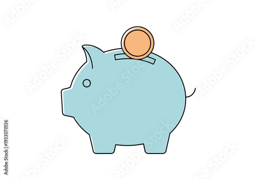 Light Blue Piggy Bank With Orange Coin Being Dropped Into Slot For Financial Savings And Investment Concepts
