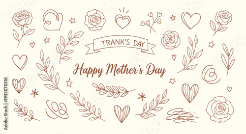Happy Mothers Day celebration with decorative floral elements and hearts in a charming hand drawn sketch style on a cream background