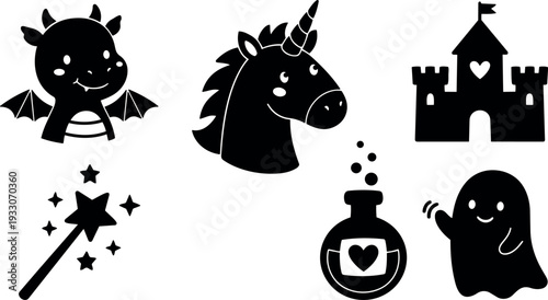 Flat silhouette cute unicorn dragon castle magic wand potion ghost icons set for children playful vector art minimal black shapes