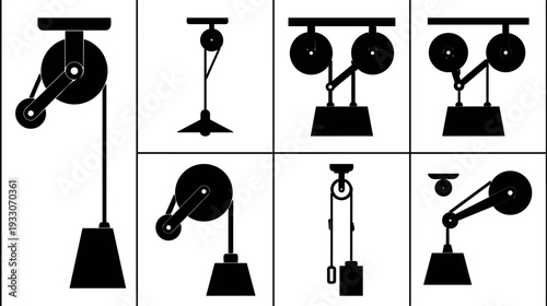 Flat design mechanical pulley icon set showing hanging weights different angles linkages levers and counterweights in silhouette front view top