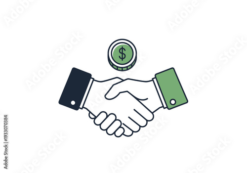 Business agreement achieved with financial transaction handshake and currency symbol coin overhead signifying successful partnership and investment