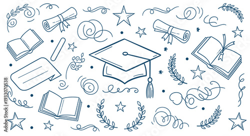 Hand drawn doodle elements representing graduation and education with books, diplomas, and academic cap in a sketchy style