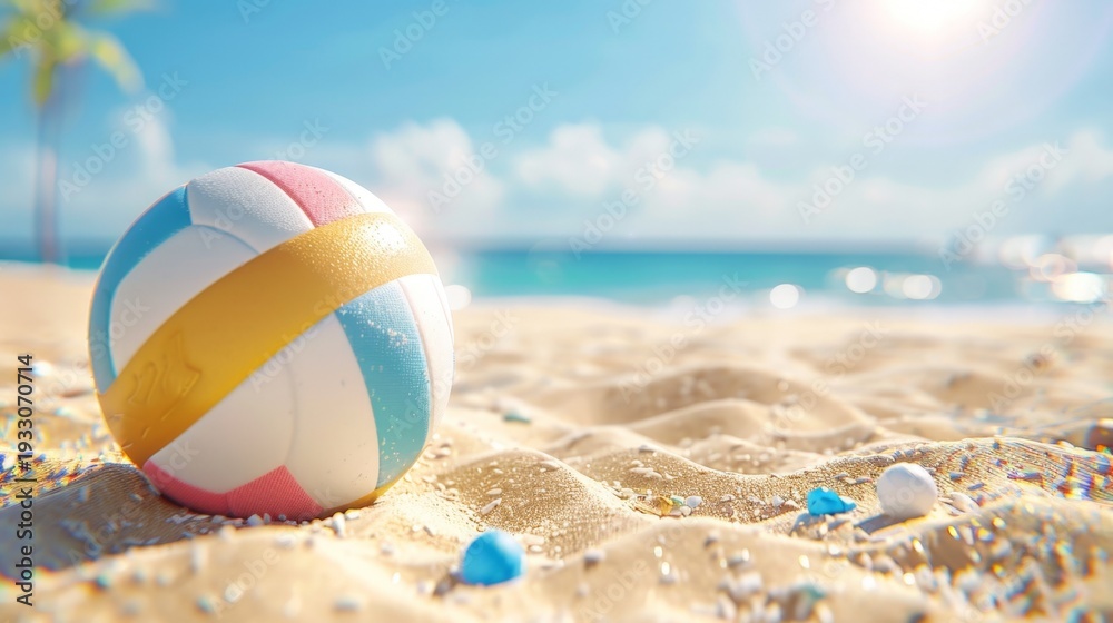 Obraz premium A beach ball is sitting on the sand near the water. The beach ball is white and blue with a yellow stripe. The beach scene is bright and sunny, with the water and sand creating a relaxing atmosphere
