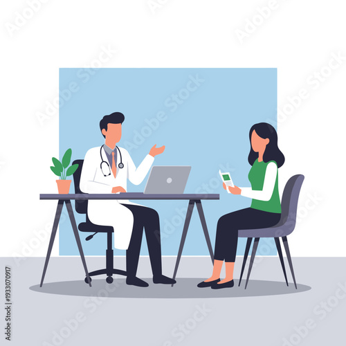Doctor consulting patient in office, laptop and plant on desk, healthcare concept