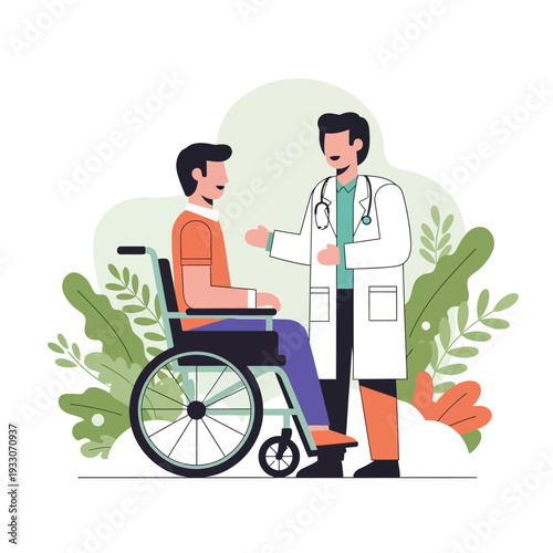 Doctor consulting patient in wheelchair, healthcare, medical consultation, support, rehabilitation
