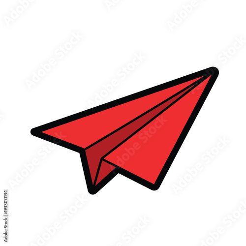 Red paper airplane in flight, viewed from the side, with folded wings and sharp edges, vector illustration, isolated on a simple background