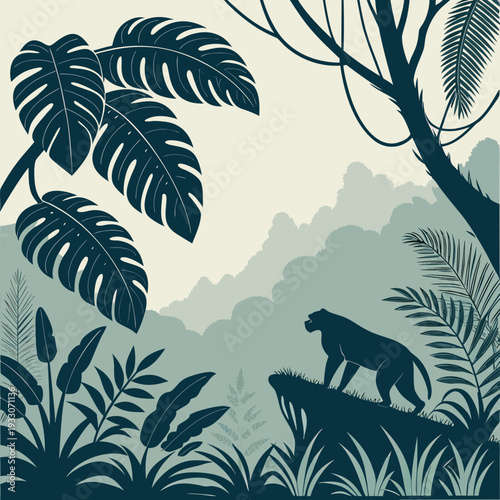 Moody Tropical Jungle Vector Artwork with Deep Navy and Forest Green