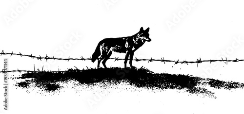 Wolf and barbed wire silhouette in high contrast black and white ink artwork