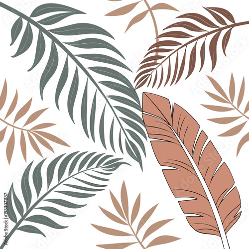 Minimalist tropical palm and banana leaf vector pattern in muted sage, terracotta, and sand tones, flat design, seamless repeat, luxury spa branding style, clean negative space, editable layers, Adobe