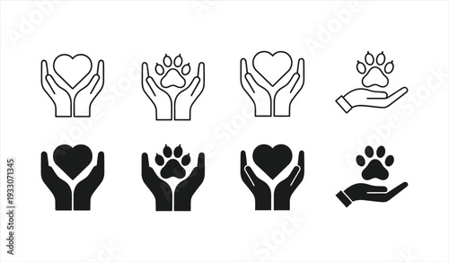 Charity and animal care icons featuring hands holding heart and paw print symbols
