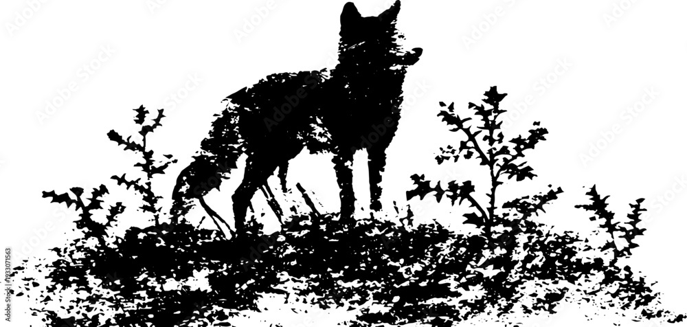 Naklejka premium Wolf and thorn circle illustration in high contrast black and white ink