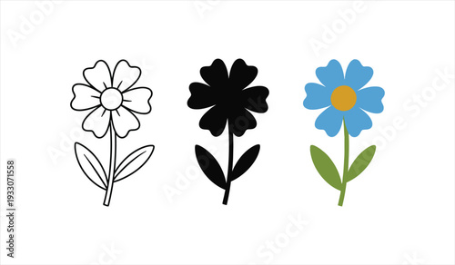 simple flower illustration in three styles, outline, silhouette, and colored versions, isolated on white