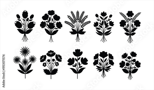 collection of ten black silhouette floral bouquets, diverse flower arrangements in traditional style