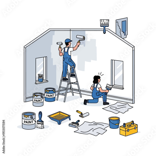 Home renovation: couple painting walls, interior design, DIY home improvement, new house decoration