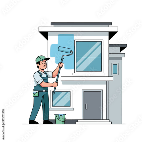 House painter applying blue paint to exterior wall with roller, home renovation concept