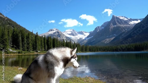 Dog in front of a lake and mountains, beautiful scenery.