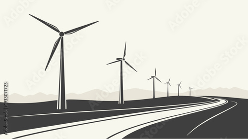 Wind turbines standing tall on a hillside against a cloudy sky Vector