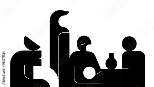 Abstract Black Silhouettes of People in Conversation at a Table