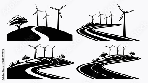Four wind turbines on a hillside with a winding road Vector