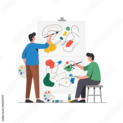 Two artists painting abstract art on canvas, creative collaboration, art studio