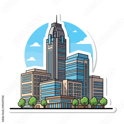 Urban cityscape illustration featuring modern skyscrapers and trees against a blue sky with white clouds from a frontal viewpoint