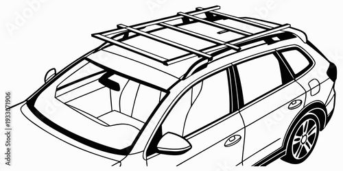 A black and white illustration of a compact car with a roof rack Vector