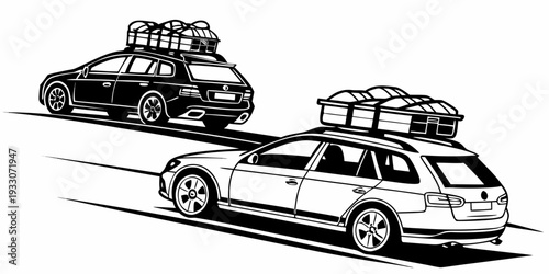 Two cars driving on a road with luggage on the roof Vector