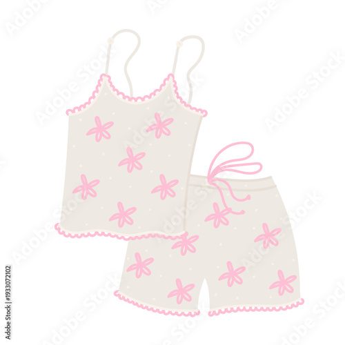 Cozy pajama with flowers print for sleeping in flat cartoon design. Girly aesthetic clothes for comfy bedtime, sleep routine and night relaxation in comfort. Vector illustration isolated.
