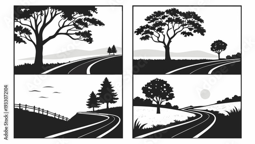 A serene landscape with trees and a winding road under a clear sky Vector