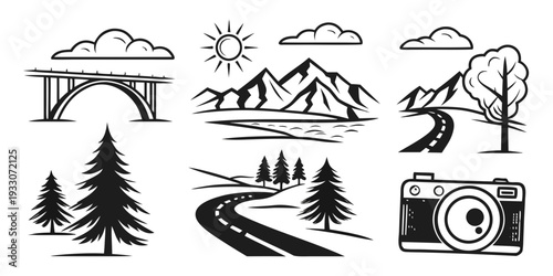 A collection of various nature and outdoor activity illustrations Vector