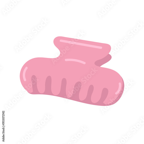 Pink hair claw clip with checkered teeth in flat cartoon design. Cute girly aesthetic accessory for hair. Hairdressing tool for hair grooming and coiffure making. Vector illustration isolated.