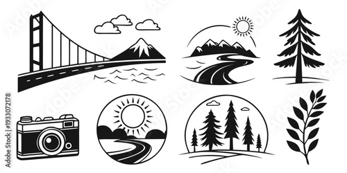 Iconic symbols representing various natural and man-made landmarks and phenomena Vector
