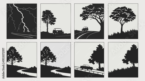 A collection of nine black and white illustrations depicting various trees and landscapes. Vector