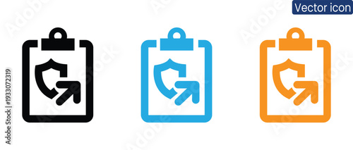 Set of secure clipboard icons in black, blue, and orange, conveying data protection and safety for business and technology use