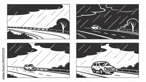 A sequence of images depicting a car driving through a stormy weather condition. Vector