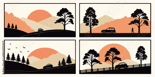 Sunset over a serene landscape with trees and mountains in the distance Vector