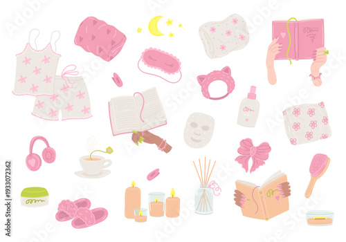 Sleep night routine set elements in flat cartoon design. Bundle of pink girly aesthetic items, pajama, pillows, sleeping mask, facial skincare treatment, books, more. Vector illustration isolated.