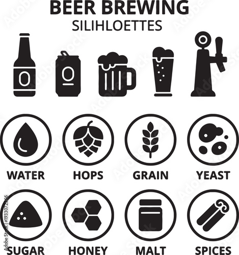 beer brewing ingredients and tools icons