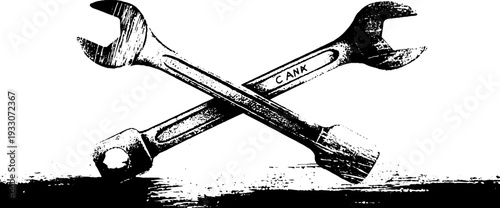 Crossed wrench tools in high contrast stencil art design for industrial decor