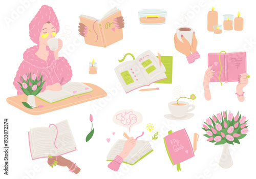 Woman writing in journal and reading books set elements in flat cartoon design. Young girl drinking morning coffee, practicing gratitude, setting goals in dairy. Vector illustration isolated.