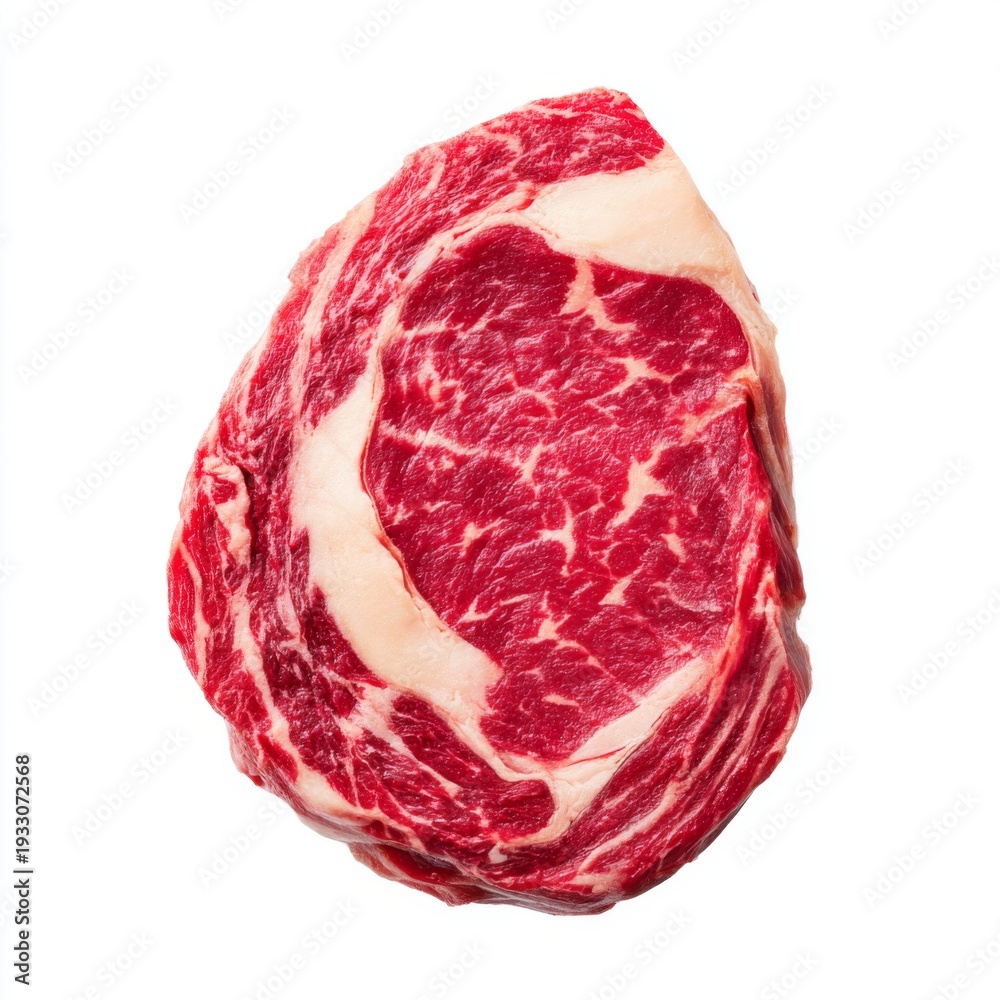 Obraz premium Freshly Cut Ribeye Steak with Rich Marbling on White Background for Culinary and Food Photography