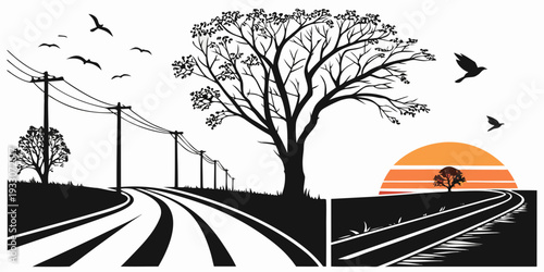 A serene landscape with birds, trees, and a setting sun over a winding road Vector