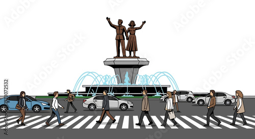 Jakarta City Life Flat Illustration with Selamat Datang Monument and Pedestrians Crossing