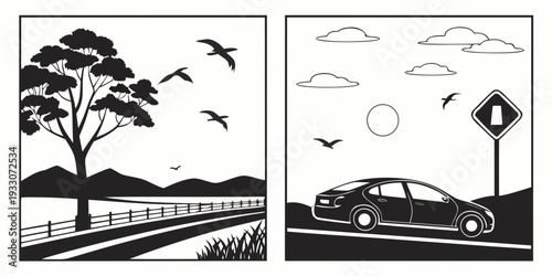 A serene countryside scene with a tree and birds, contrasted with a city scene featuring a car and traffic sign. Vector