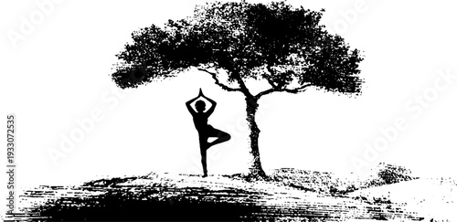 Yoga instructor in tree pose next to tree in high contrast stencil style