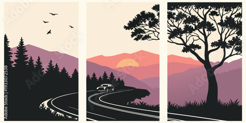 A serene landscape with a majestic sunset over a tranquil forest Vector