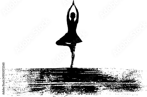 Yoga instructor in tree pose stencil art - high contrast design for meditation and mindfulness