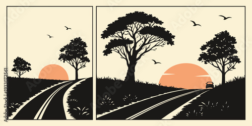 A serene landscape with sunsets and birds flying over a field of trees Vector